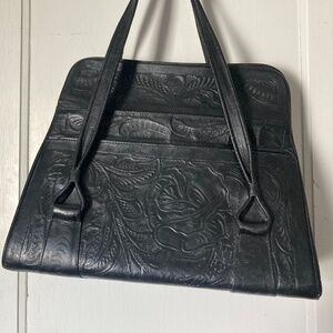 Vintage Black Tooled Leather Bag Made in Mexico Beautiful!